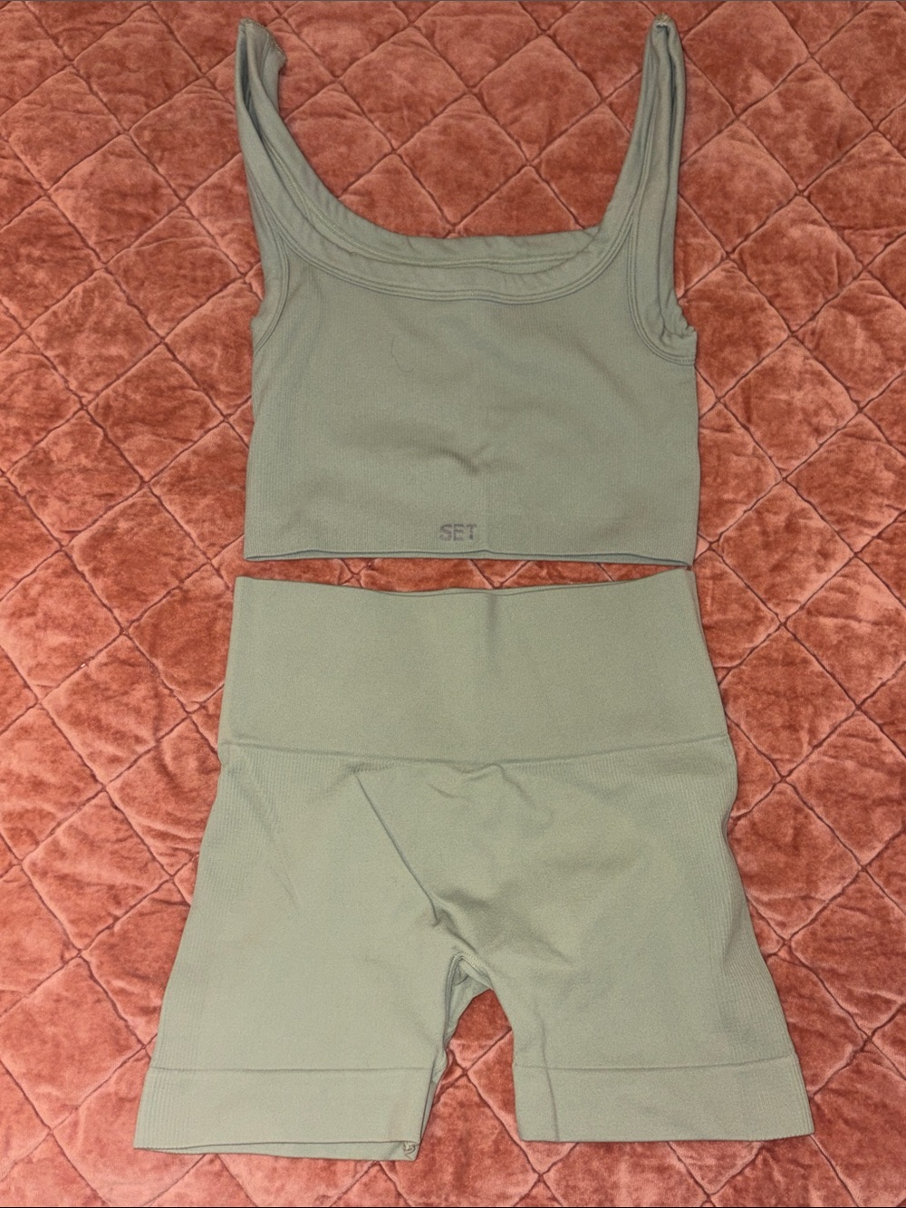 SET Active Olive Green Seamless Crop Tank & High-Waist Bike Shorts Set.